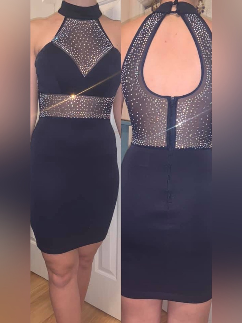 NWT B. Smart Black Halter AB Rhinestone Cocktail Dress HOCO Pageant New Years